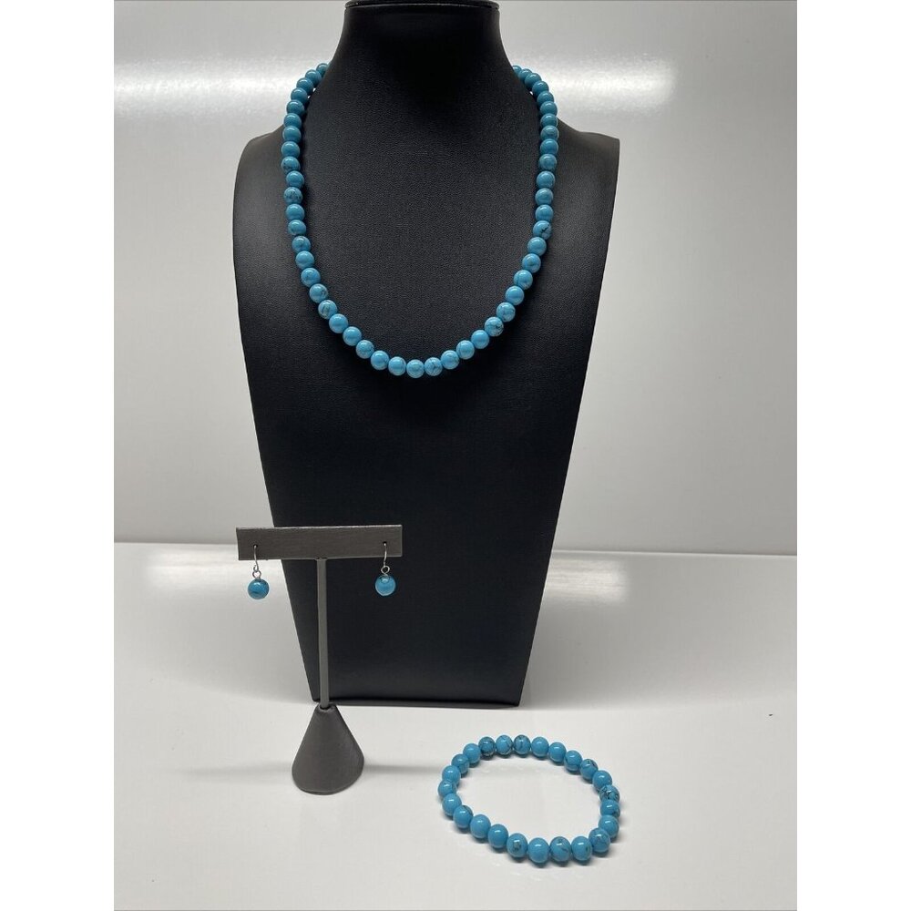 Faux Tourqoise Beaded‎ Necklace Bracelet Pierced Earring Set A104